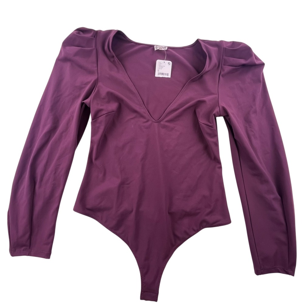 Free People Intimately Precious Wine Puff Long Sleeve Va Va Voop Bodysuit Purple